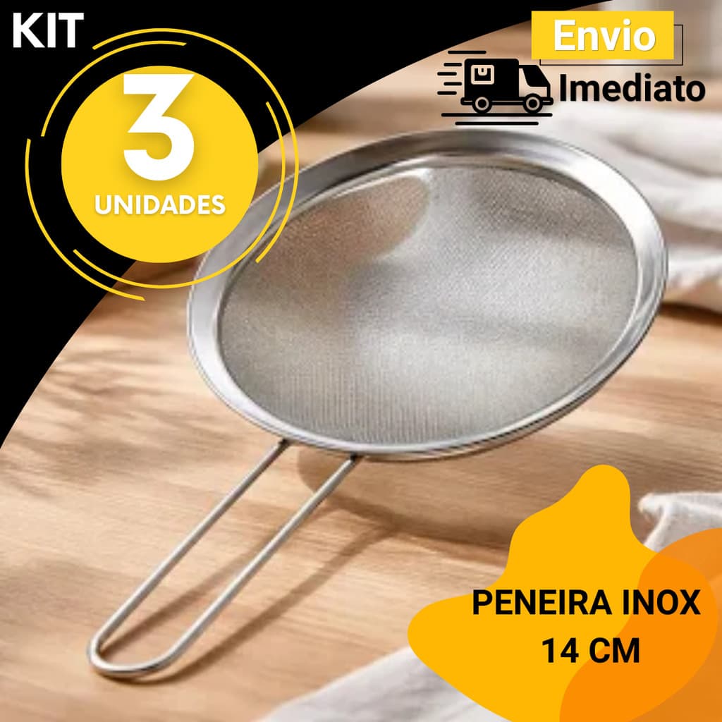 Peneira de Inox 14cm 3 2 e 1 Unidades Resistente Cozinha Profissional Multiuso