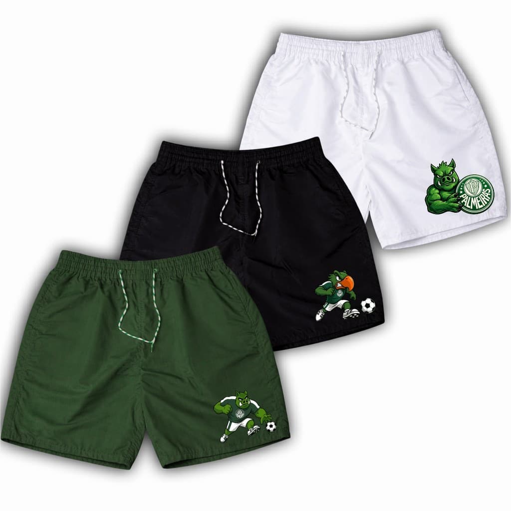 Kit 3 Mauricinhos Shorts Tactel Bermuda PORCO VERDE Futebol Masculino Esportivo Torcedor Treino Academia