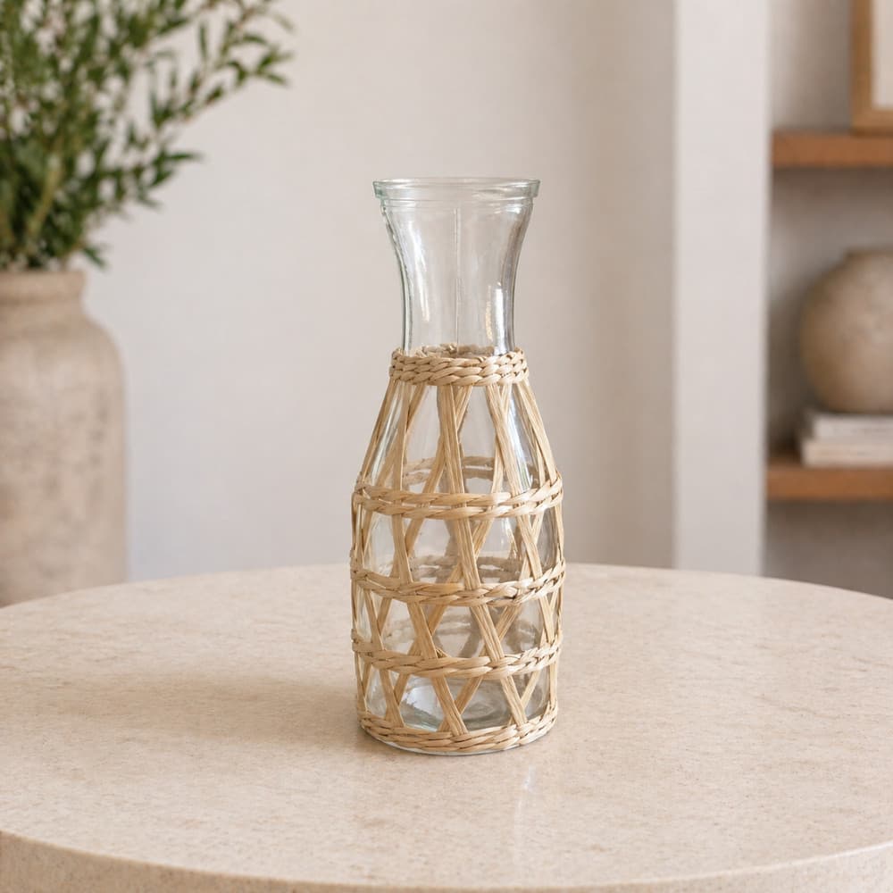 Vaso de Vidro com Fibra Natural 9x24,5cm – Decoração para Sala, Rack e Aparador
