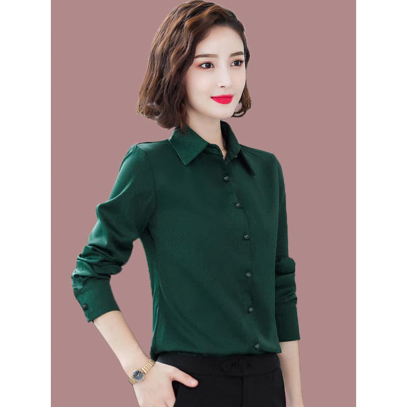 Novo estilo de negócios wear primavera wear verde escuro senhoras camisa magro-ajuste de manga comprida camisa de fundo