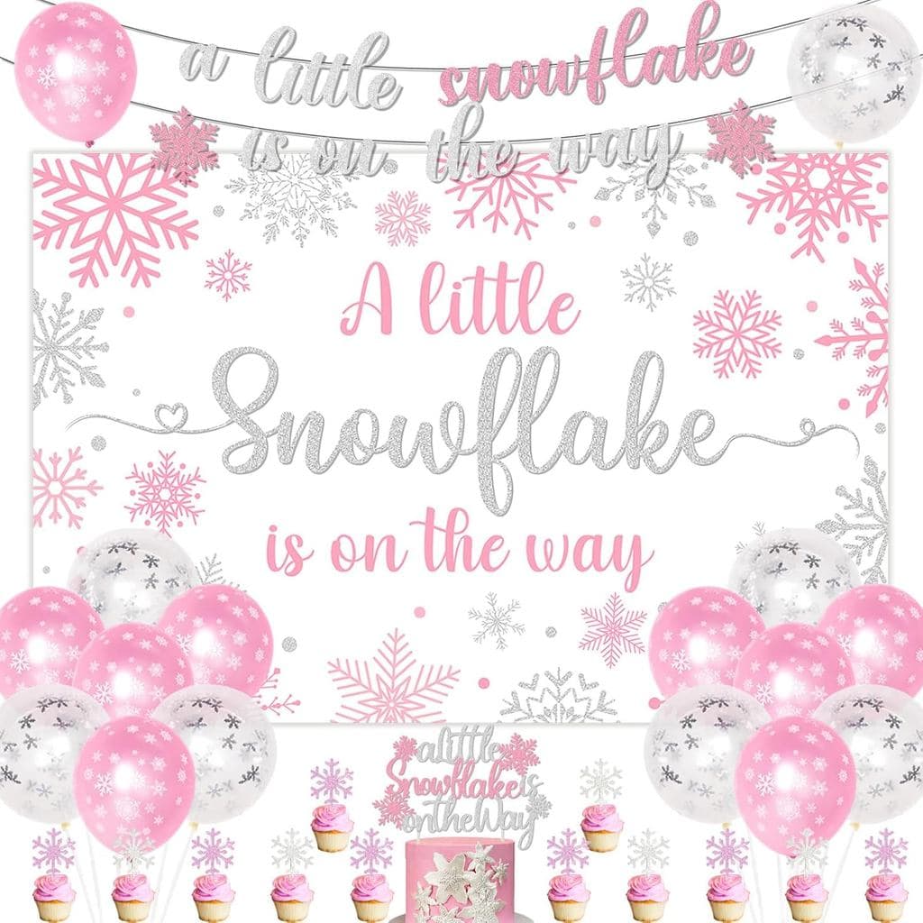 Decoração de Chá de Bebê de Inverno para Meninas, Faixa de Fundo com a Frase 'Um Pequeno Floco de Neve Está a Caminho',