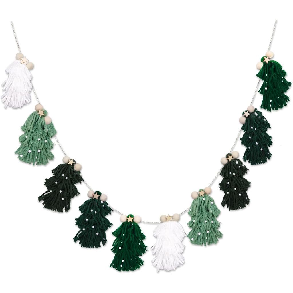 Guirlanda de Natal Boho Verde com Franjas e Contas de Madeira, Faixa Decorativa de Natal, Guirlanda de Franjas de Fio Ve