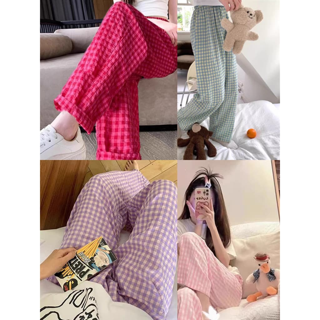 Xadrez Casual calças de perna larga mulheres verão calças de pijama de cintura alta calças de perna reta soltas andando