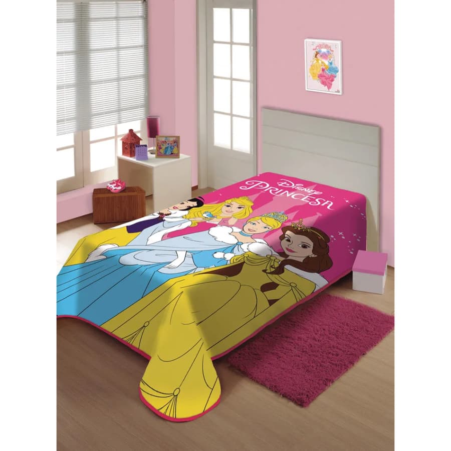 COBERTOR RASCHEL  POLIESTER  ESTAMP SOLTEIRO CHARME DE PRINCESAS ROSA 1,50X2,00