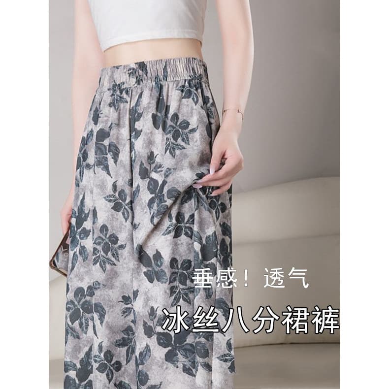 2025 novo estilo Culottes calças cortadas mulheres verão estilo fino Drape solto mãe flor calças de seda gelo calças de