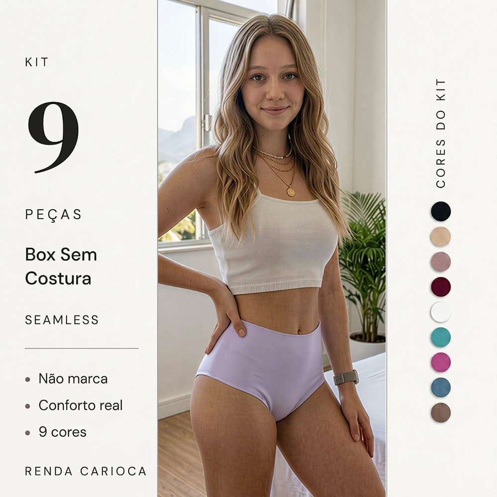 Kit 9 Calcinhas Boxer Sem Costura Corte a laser Cós Alto Não Marca Invisível Cintura alta Cueca Box