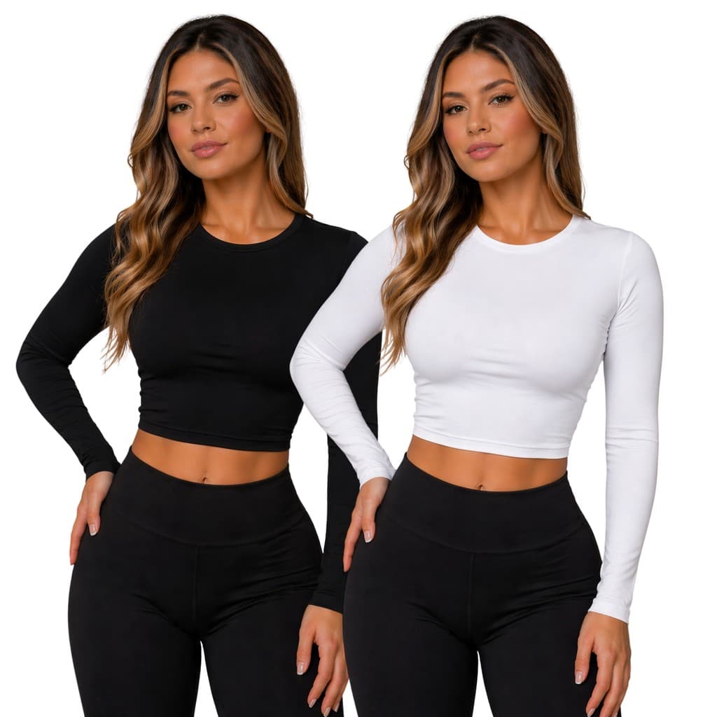 Kit 2 Blusa Feminina de Manga Longa Baby Tee Compressão Cropped Meia Estação Colada Proteção UV