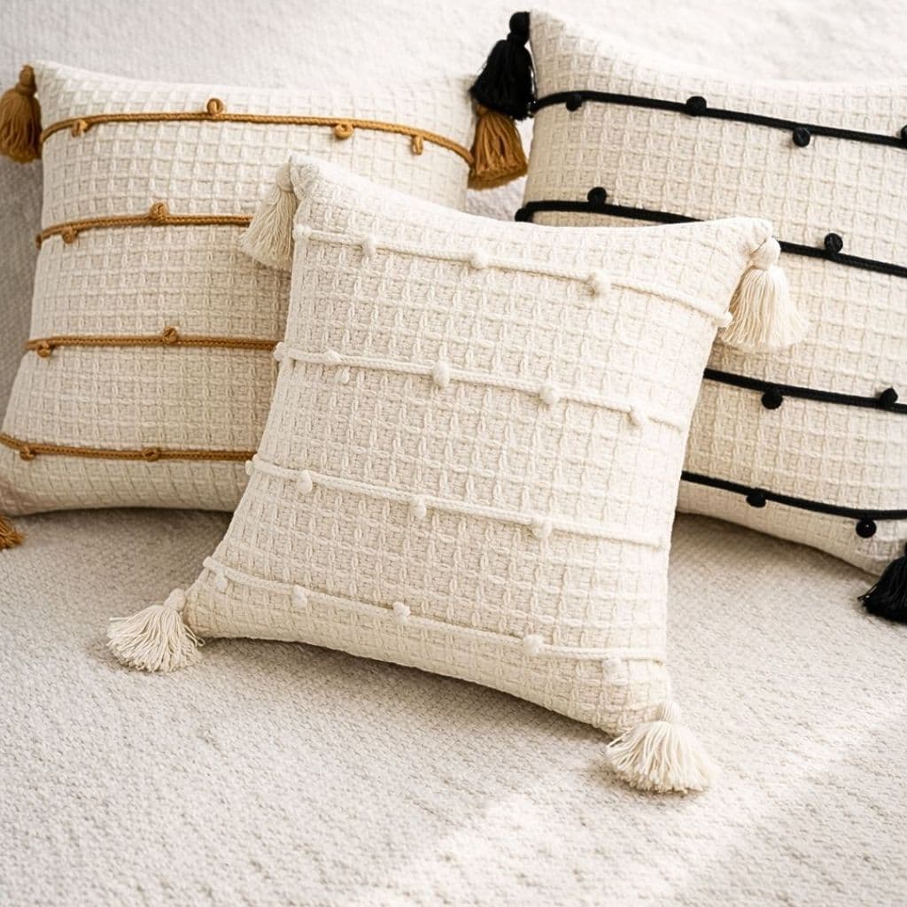 Capa de Almofada Lizie 45X45cm Estilo Boho Chic Algodão com Trama em Bolinha para Sofá Sala Elegante