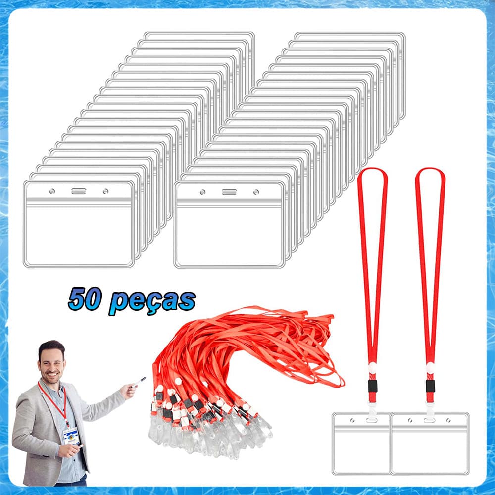 50x Porta-crachá horizontal de identificação com cordão Vermelho – Selável, à Prova d’Água, com Capa e Clipe para Cordão