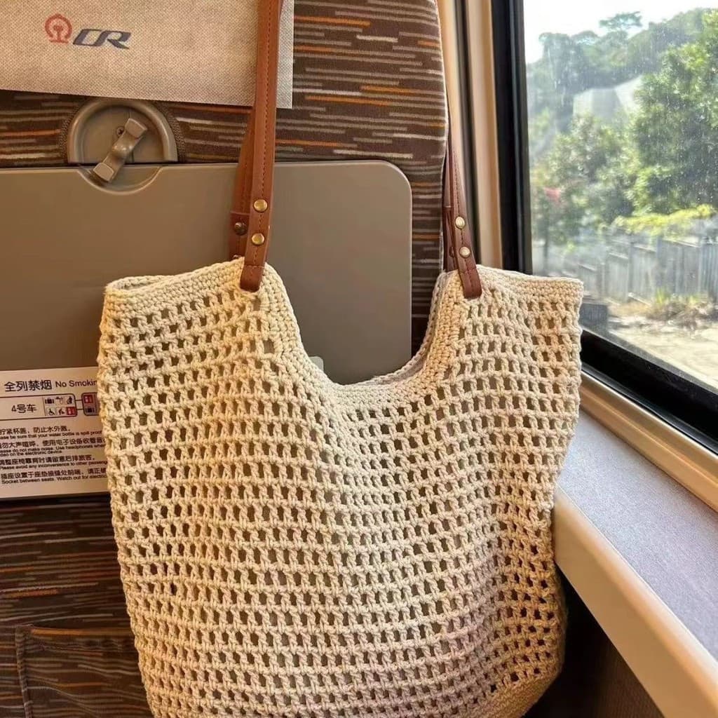 Casual grande capacidade de um ombro fio de algodão tecido saco novo estilo oco malha padrão sacola beira-mar Vac