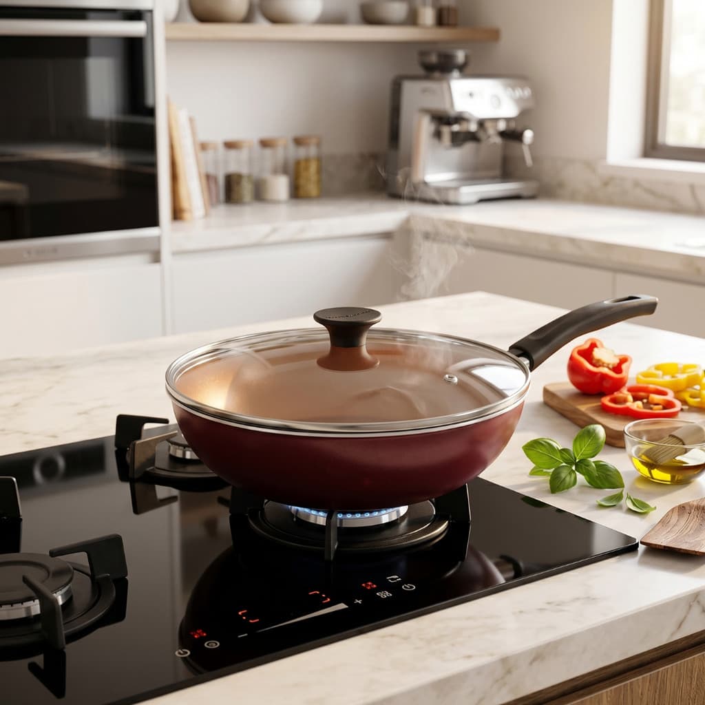 Frigideira Wok 26cm Alumbella Premium Antiaderente Tampa Vidro Alumínio 4,2L