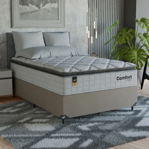 Cama Box Viúva Suede Bege + Colchão Comfort Class Pillow Top Branco 128x188 - e-Shop Casa