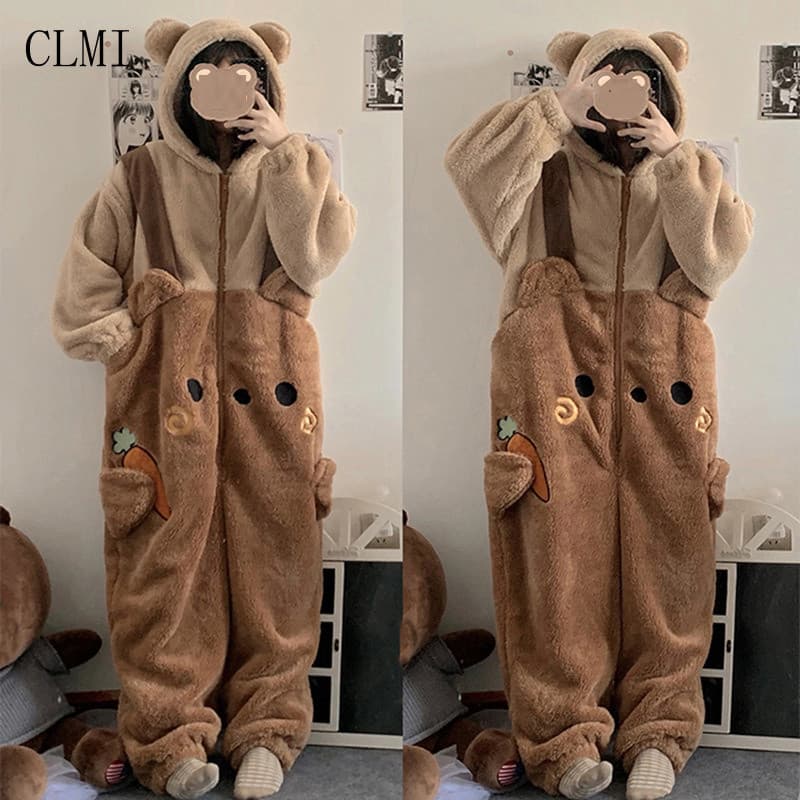 Pijama Kigurumi de Urso de Flanela Fofo para Mulheres com Capuz, Macacão de Inverno para Adultos, Fantasia de Animal par