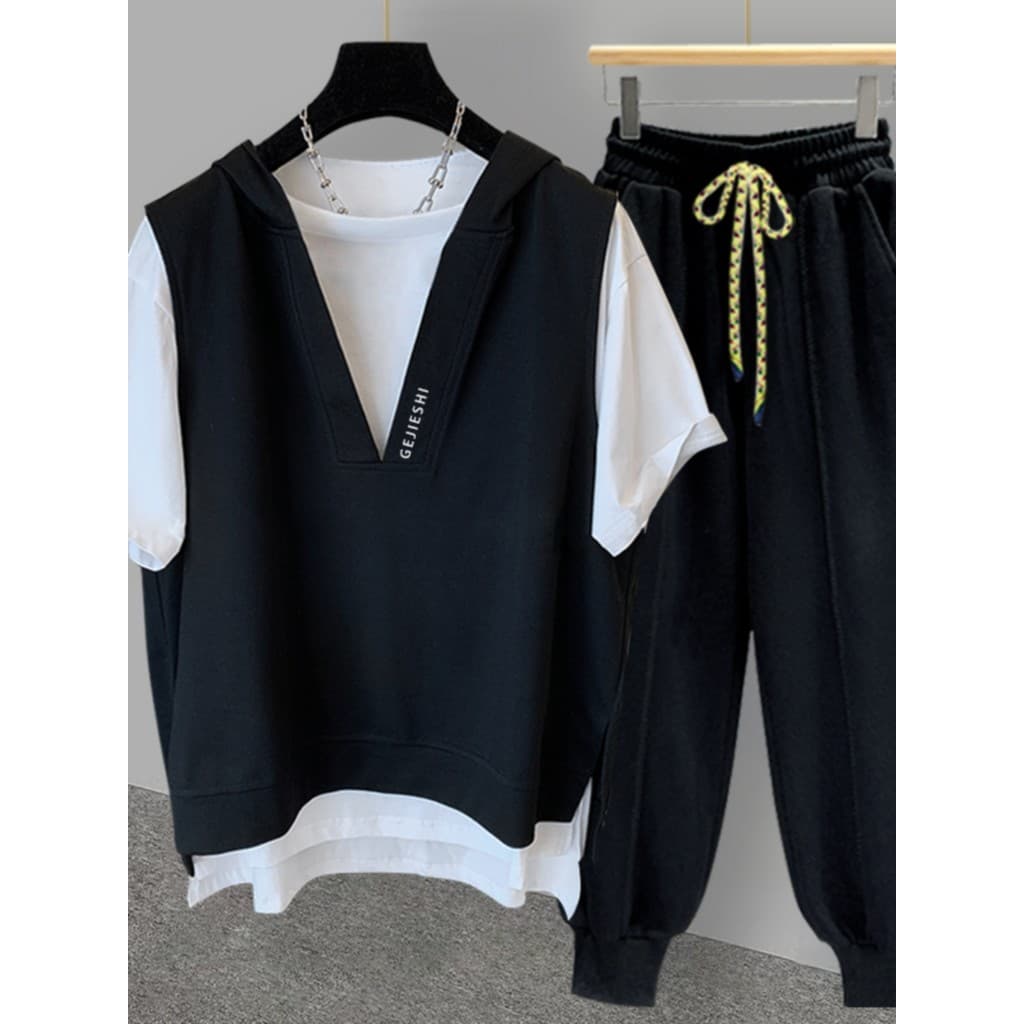 Verão Street Wear bonito falso terno de duas peças masculino ins adolescente Casual esportes com capuz costura camiseta