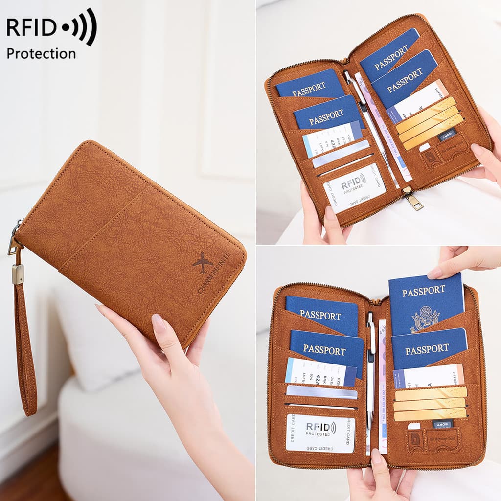 Novo Porta-Passaporte RFID Longo Zíper Clipe De Grande Capacidade Carteira De Viagem Familiar