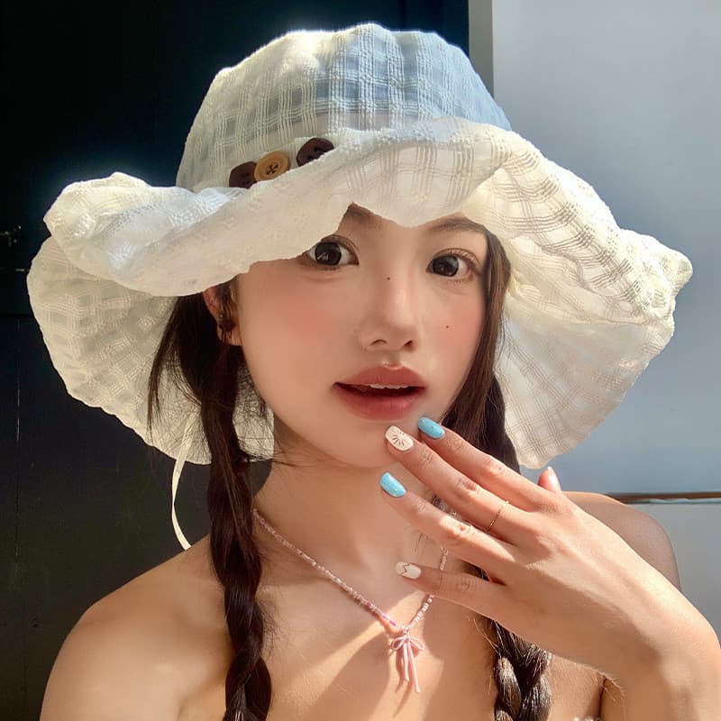 [Estoque pronto] Chapéu balde xadrez com botão estilo japonês feminino primavera verão viagem aba grande rosto pequeno p