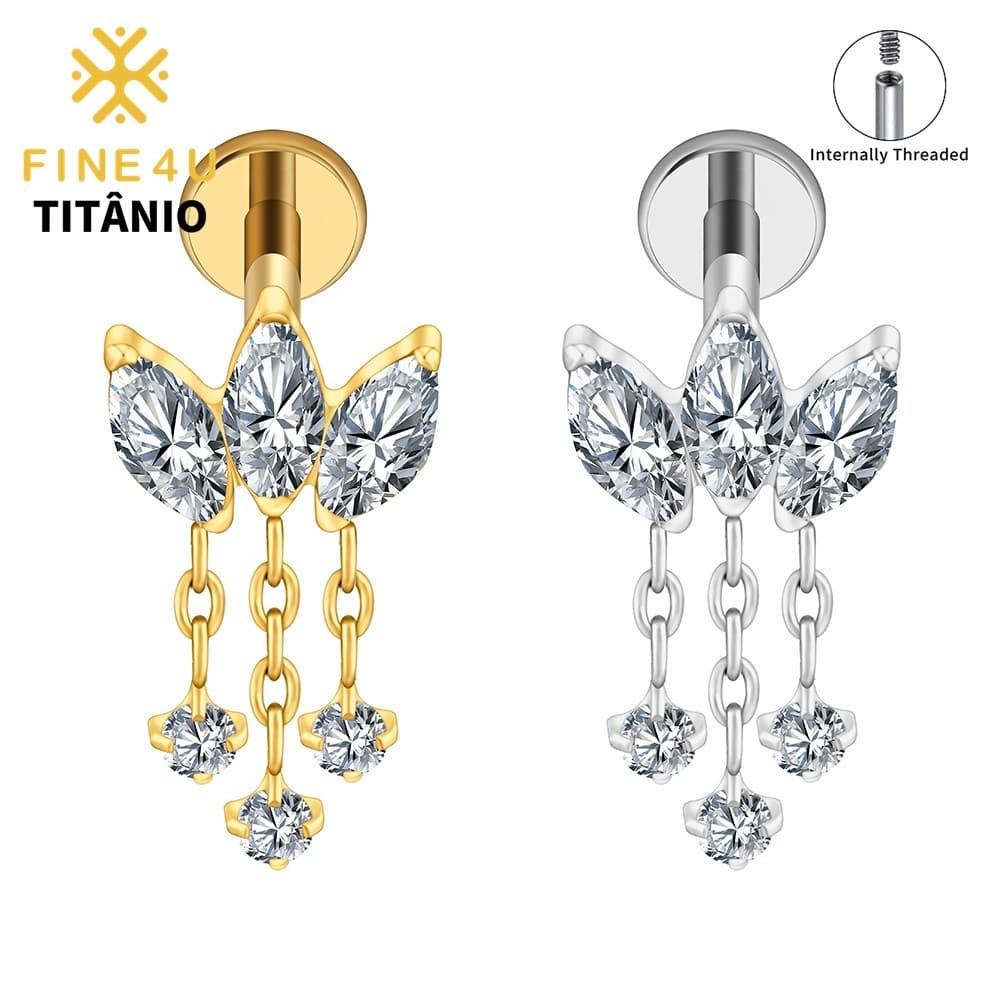 FINE4U Piercing Tripla Pingente com CZ 100% Titânio Hipoalergênico Helix Lóbulo Cartilagem - 1PCS