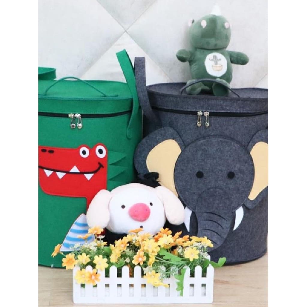 Balde de armazenamento de brinquedos de feltro com tampa portátil cesta de roupas sujas roupas de desenho animado Animal