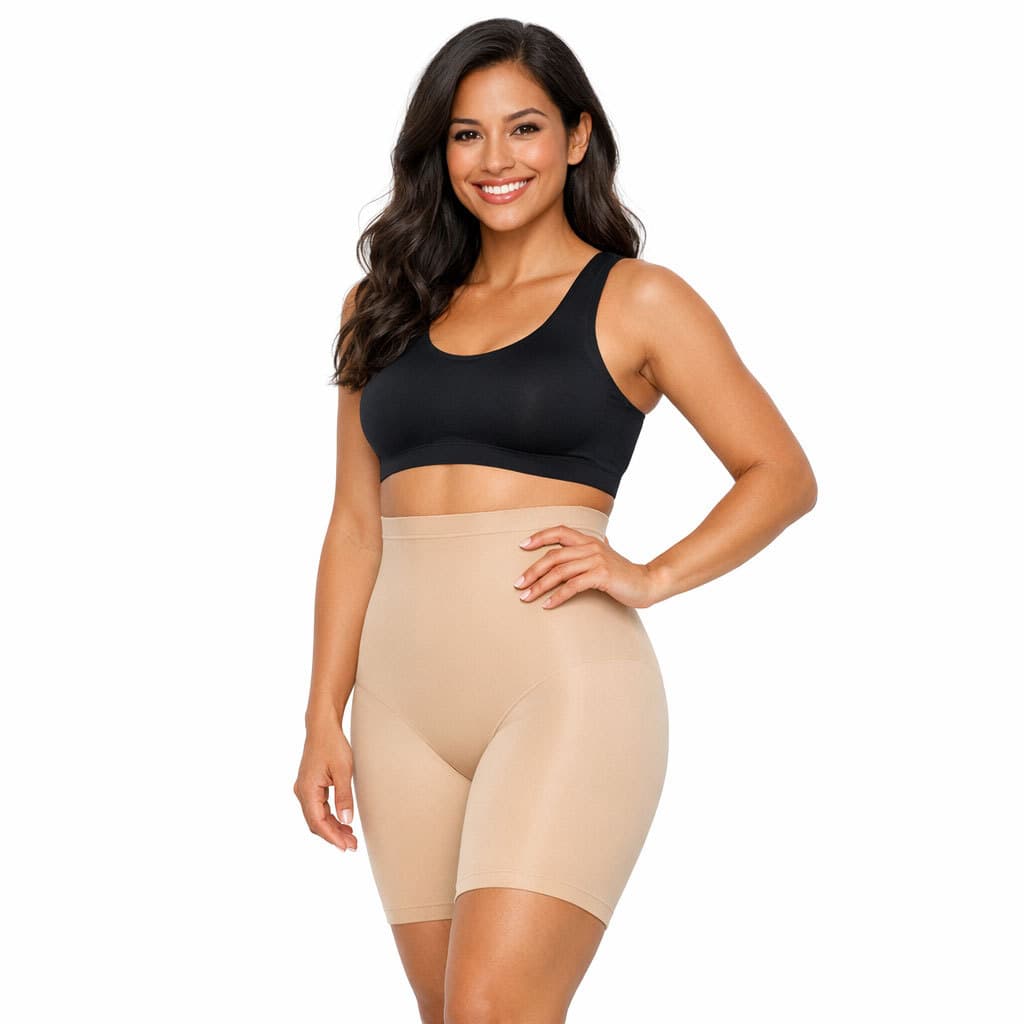 Bermuda Modeladora Cintura Alta DeLinea Fisiovital Bege Compressao Firme Silicone Antiderrapante