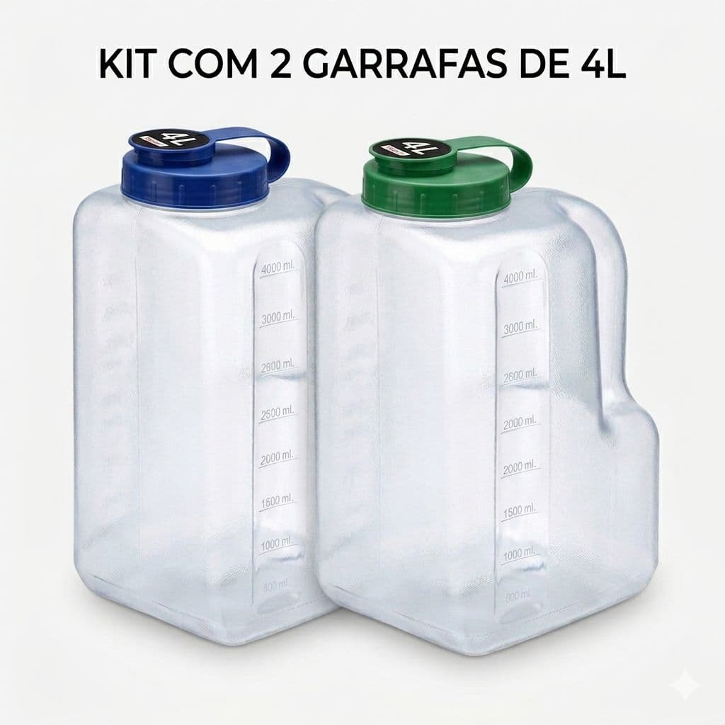 Kit 2 Garrafas de Água 4 Litros Premium com Medidor – Galão de Hidratação Academia, Trabalho e Uso diário