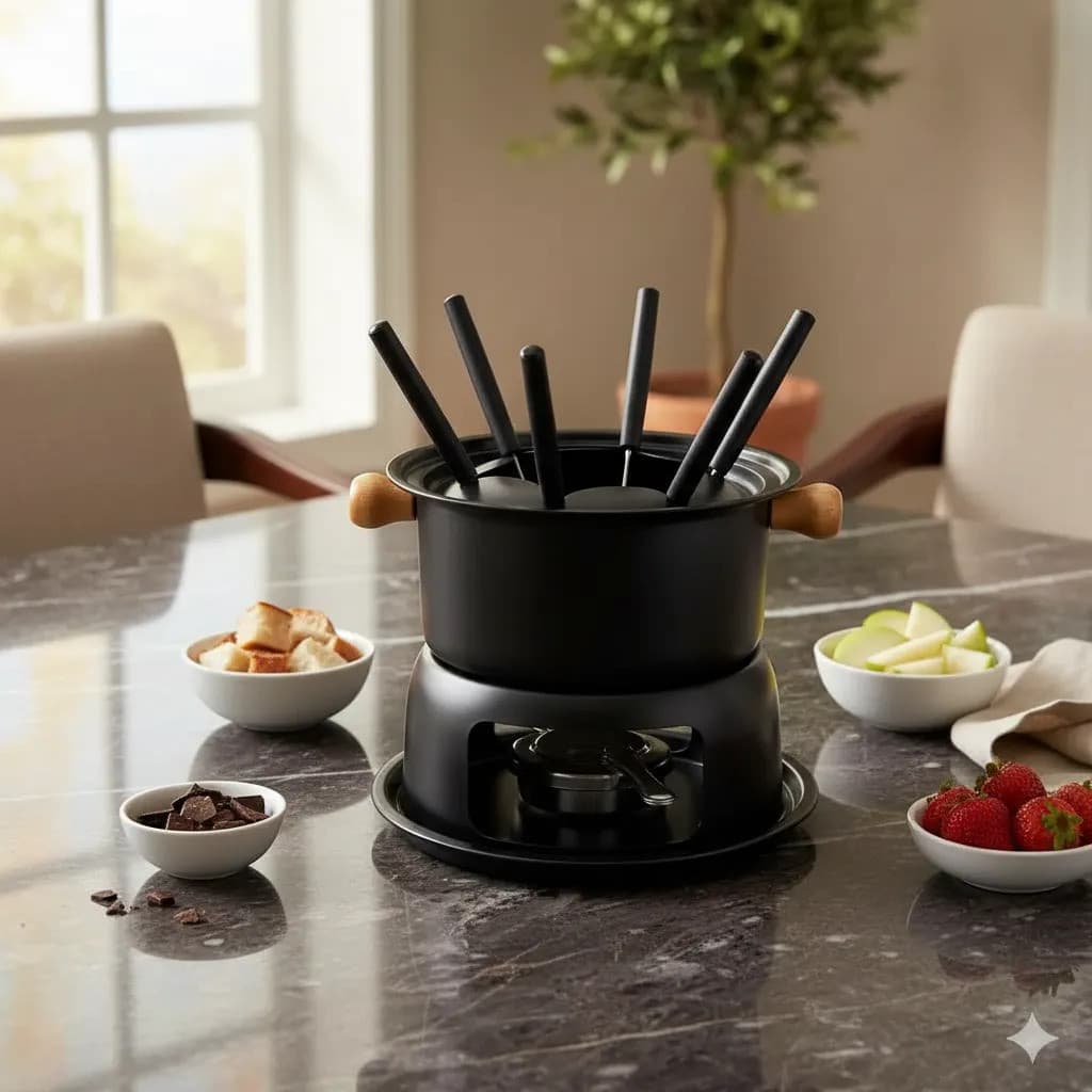 Aparelho Fondue Completo 10 Peças Chocolate Queijo Carne 6 Pessoas Panela 1.7 Litros Jantar Romântico Inverno Presente