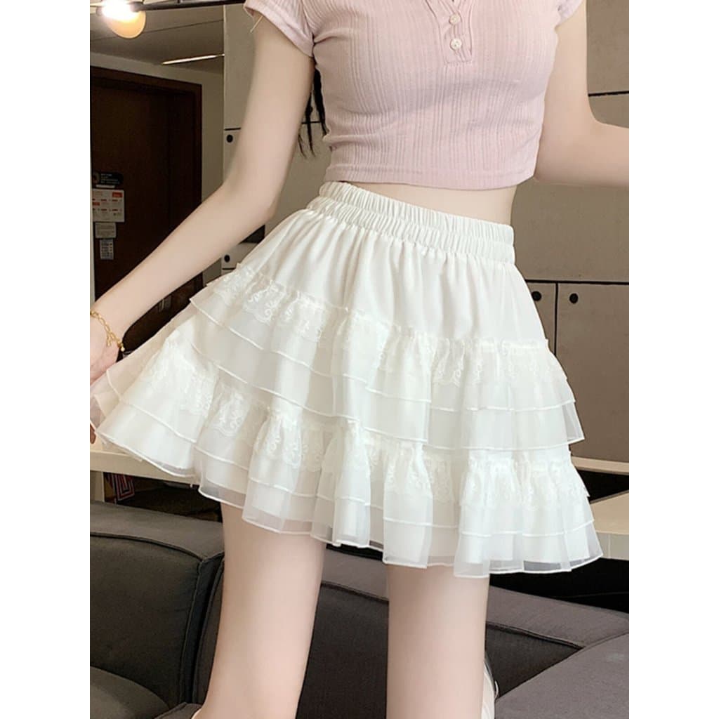 Saia de bolo branco saia curta feminina verão cintura alta Ballet estilo princesa pequena renda Pettiskirt saia curta