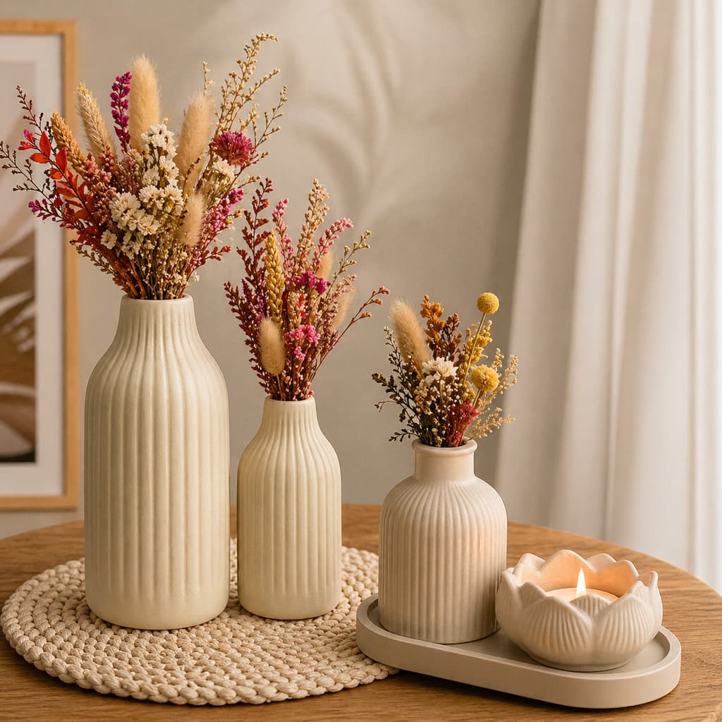 Kit 5 Peças Decoração Vasos Mesa Enfeite Casa Cerâmica Luxo Decorativo Sala Presente Mãe Grande Vela