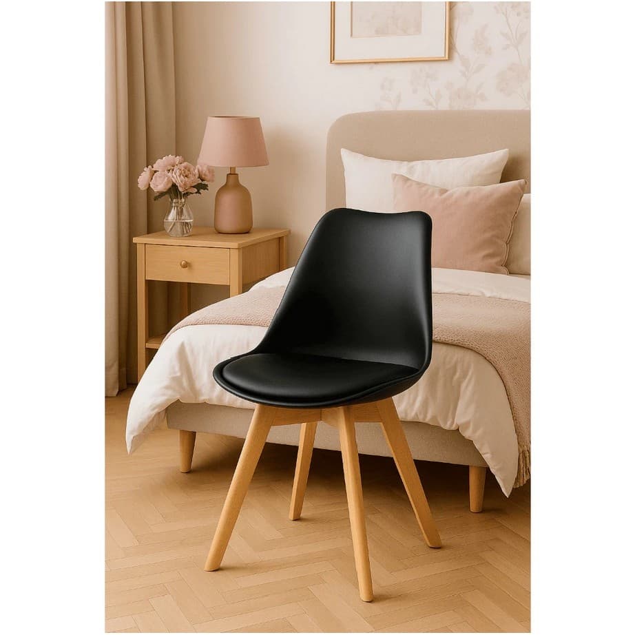 Cadeiras Eames Leda CSS Wood Estofada PU Base Madeira Preta