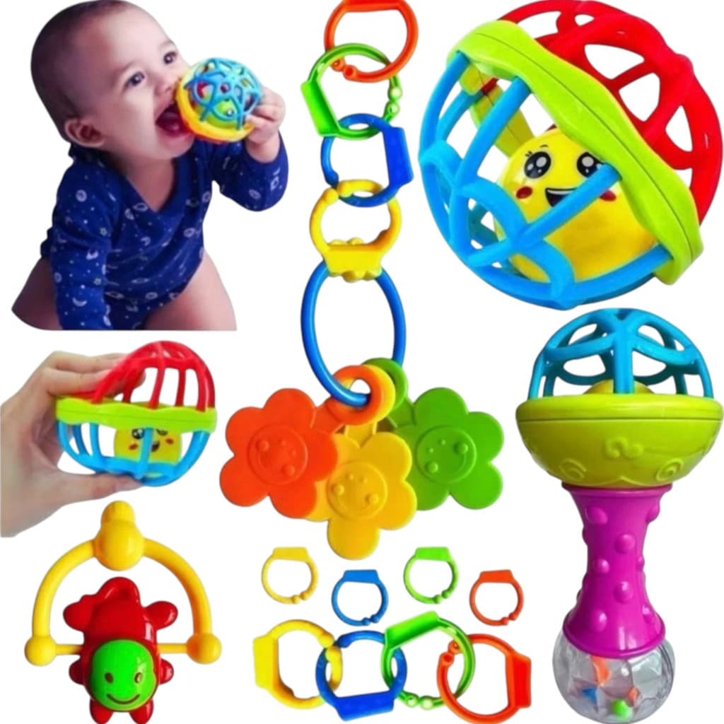 KIT Brinquedo Chocalho Interativo para Bebê Mordedor Colorido Educativo Infantil