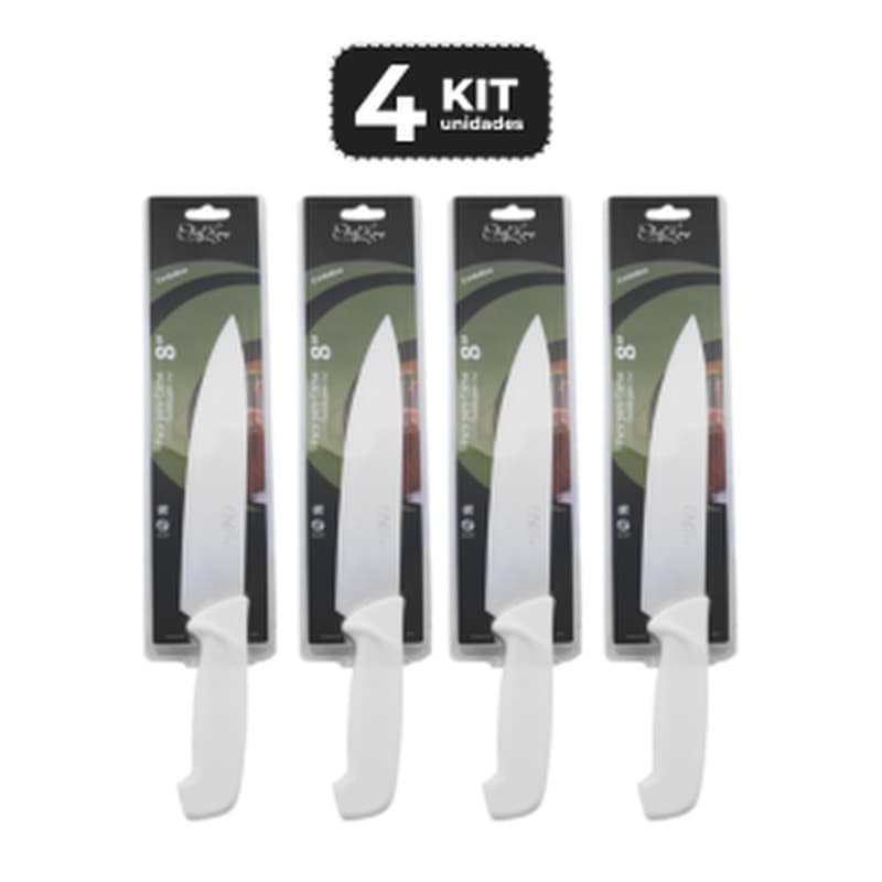 KIT 4 FACA PARA CHEF 8" CABO DE POLIPROPILENO BRANCO