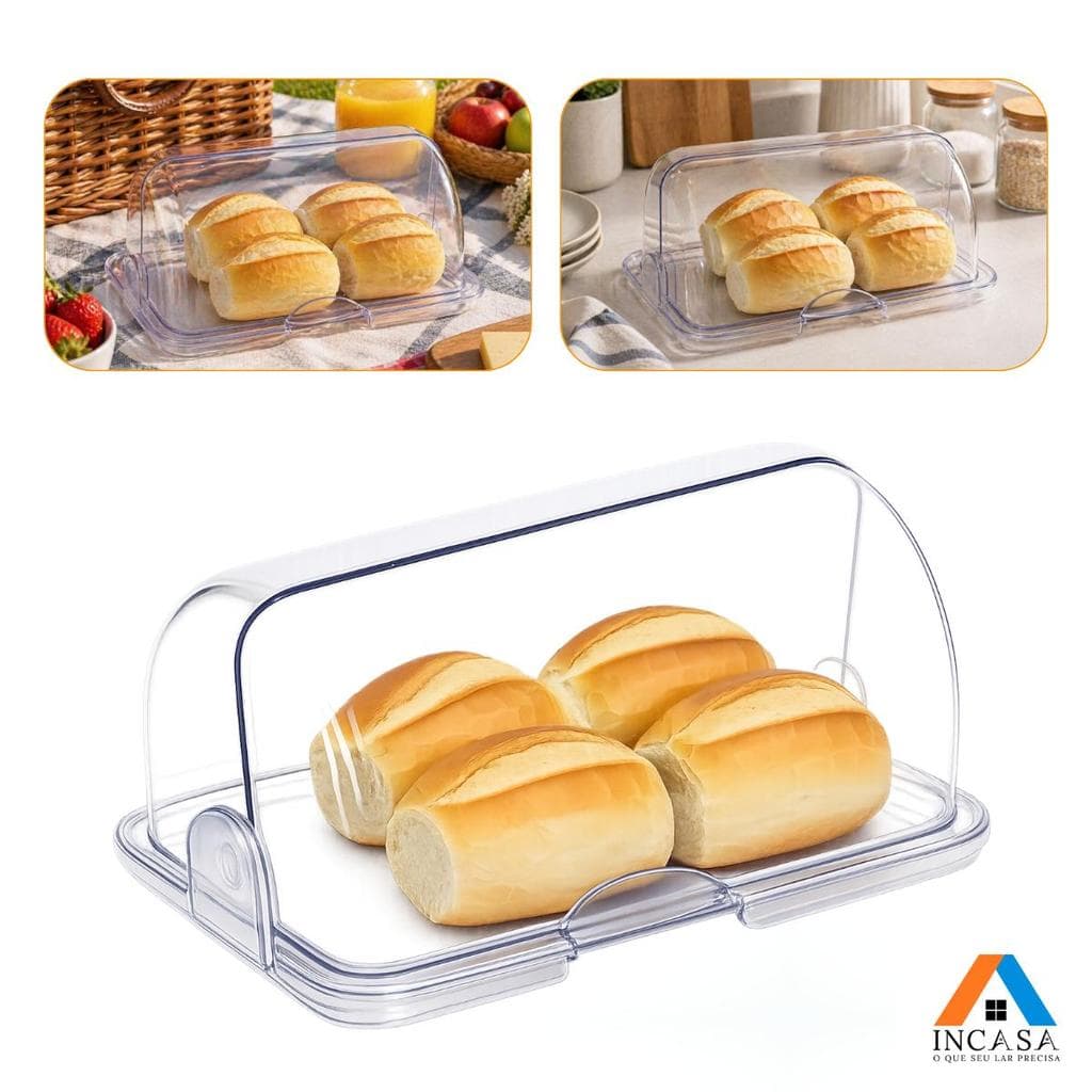 Porta Pão Cristal Armazenador Com Tampa Articulável Profissional Para Pães Bolos Mesa 30x20cm