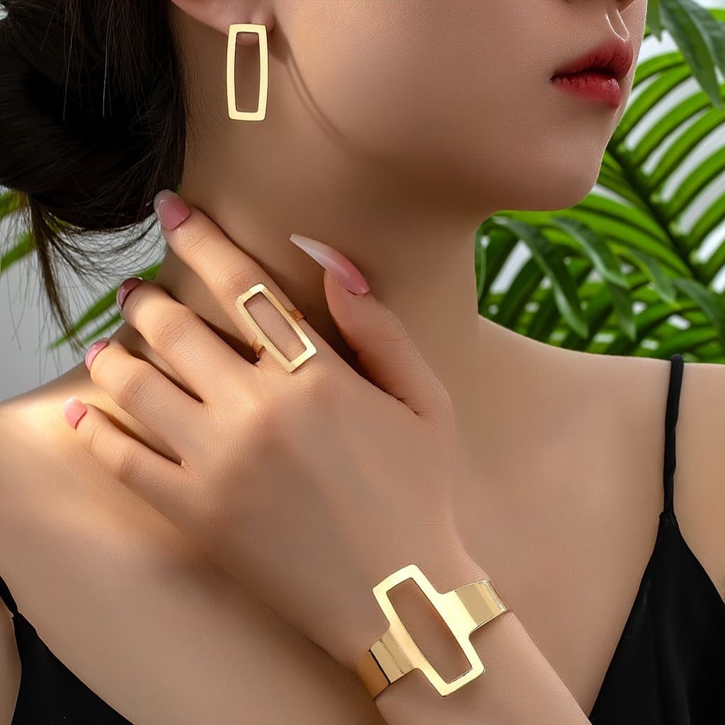 Elegante Geométrica Oco Quadrado Bangle Earrings & Ring Set Declaração Do Vintage Conjunto de Jóias Para As Mulheres Com