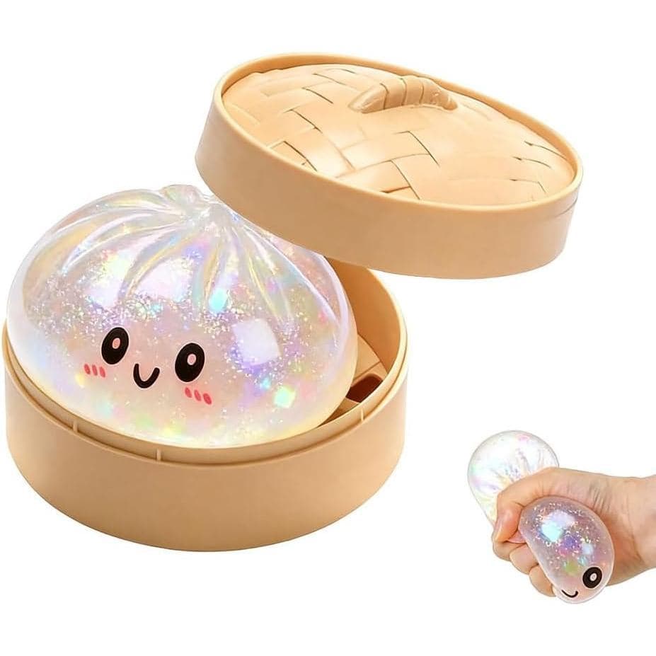 Brinquedo Squishy de Dumpling com Glitter e Caixa de Vapor, Squishies de Dumpling Fofos, Bola Anti-stress, Massa de Desc