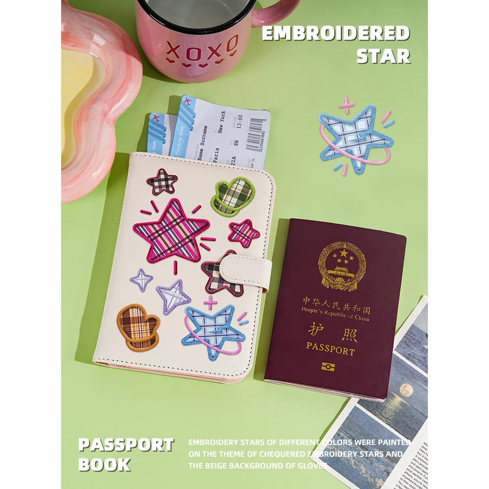 Porta-passaporte com estrela bordada, bolsa protetora para documentos, porta-cartões multifuncional, viagem no exterior,