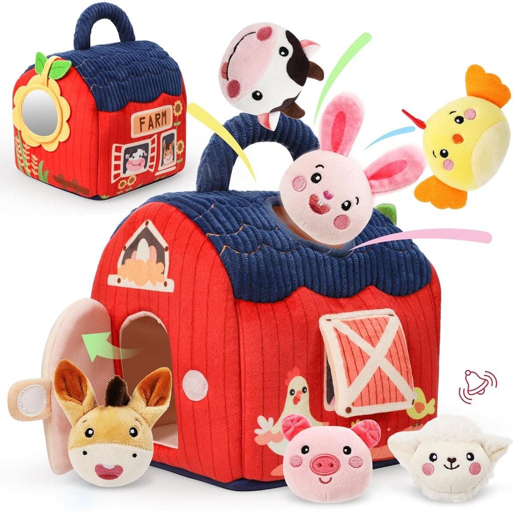 Brinquedos para Bebês de 6-12 Meses - Animais de Pelúcia Macios de Fazenda com Surpresas, Chocalho, Brinquedo de Som, Es