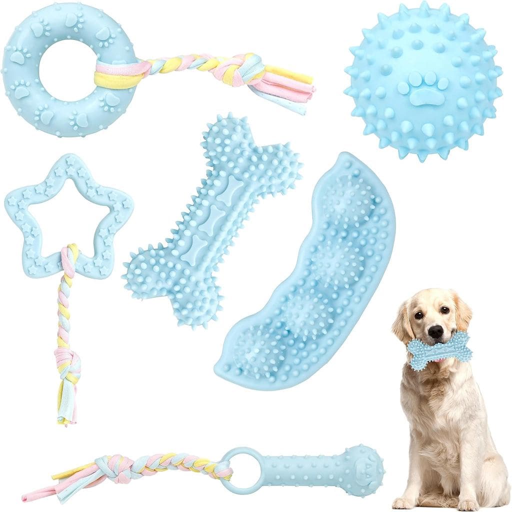 Pacote com 6 Brinquedos de Mastigar para Cães e Filhotes em Crescimento, Brinquedos Interativos de Borracha Natural Azul