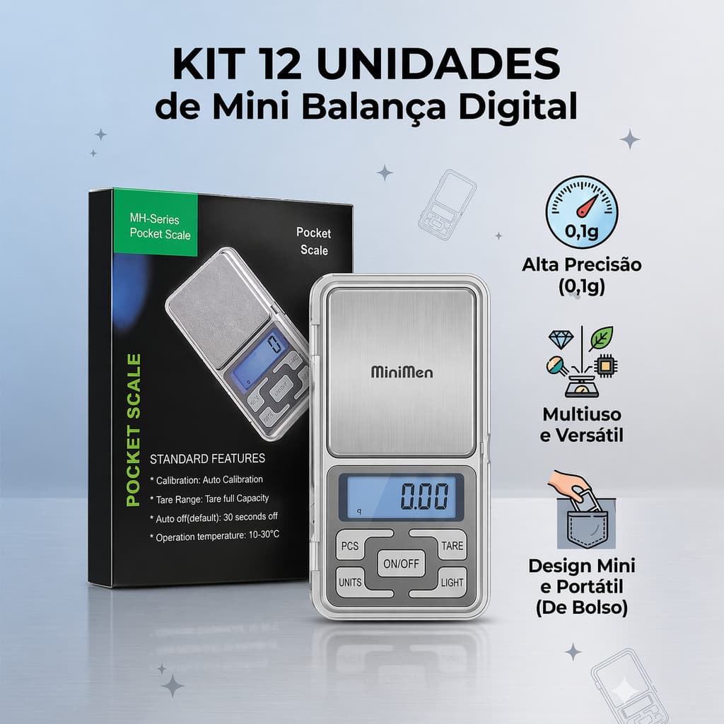 Atacado Kit 3/5/12 Balança Digital Pocket Mini: Jóias, Cozinha, Baking. Aço Inox, Display Iluminado, Precisão 0,1g