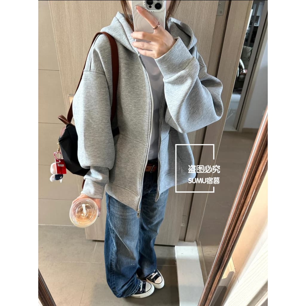 SUMU · 600g!American High Street Cinza Zíper Cardigan Espaço Algodão Moletom Com Capuz Jaqueta Feminina