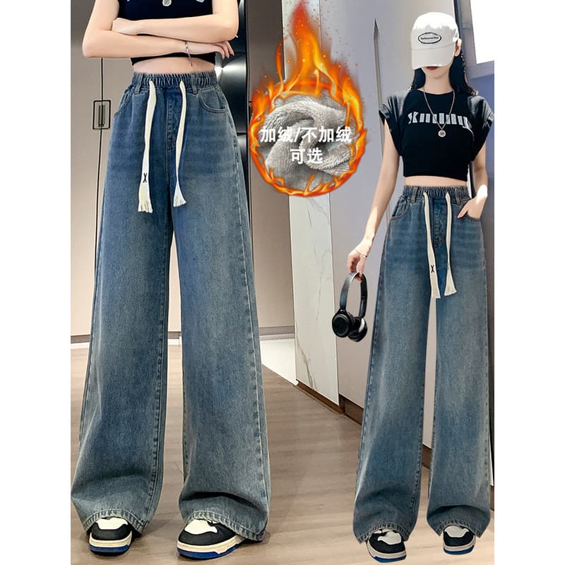 Calça Jeans feminina de tamanho grande, forro de lã, cintura elástica, cintura alta, aparência mais fina, perna reta, fo