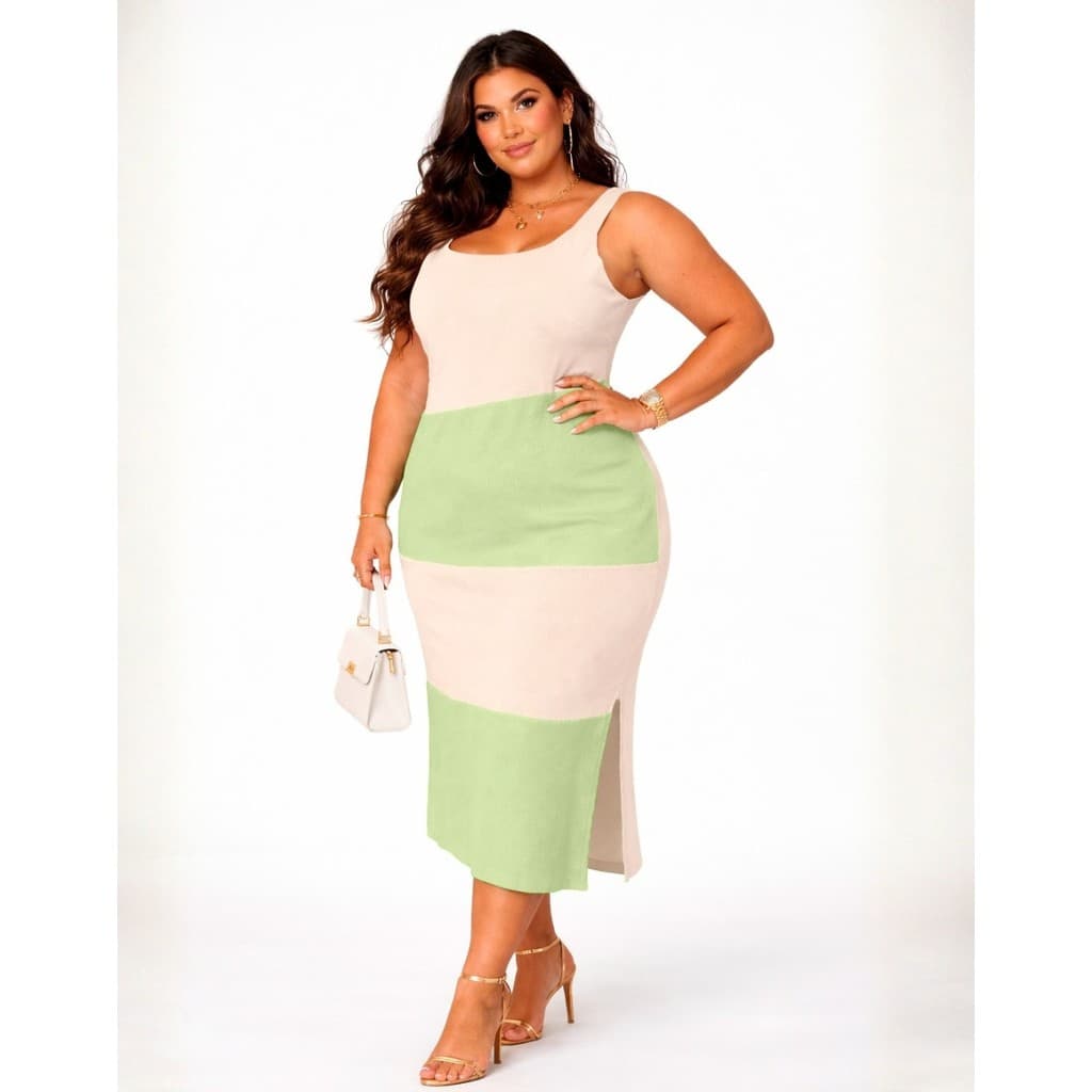 Vestido Plus Size Midi com Gola Redonda, Alça Fina e Fenda Lateral Verde Azul e Linho GG G1 G2 G3 G4