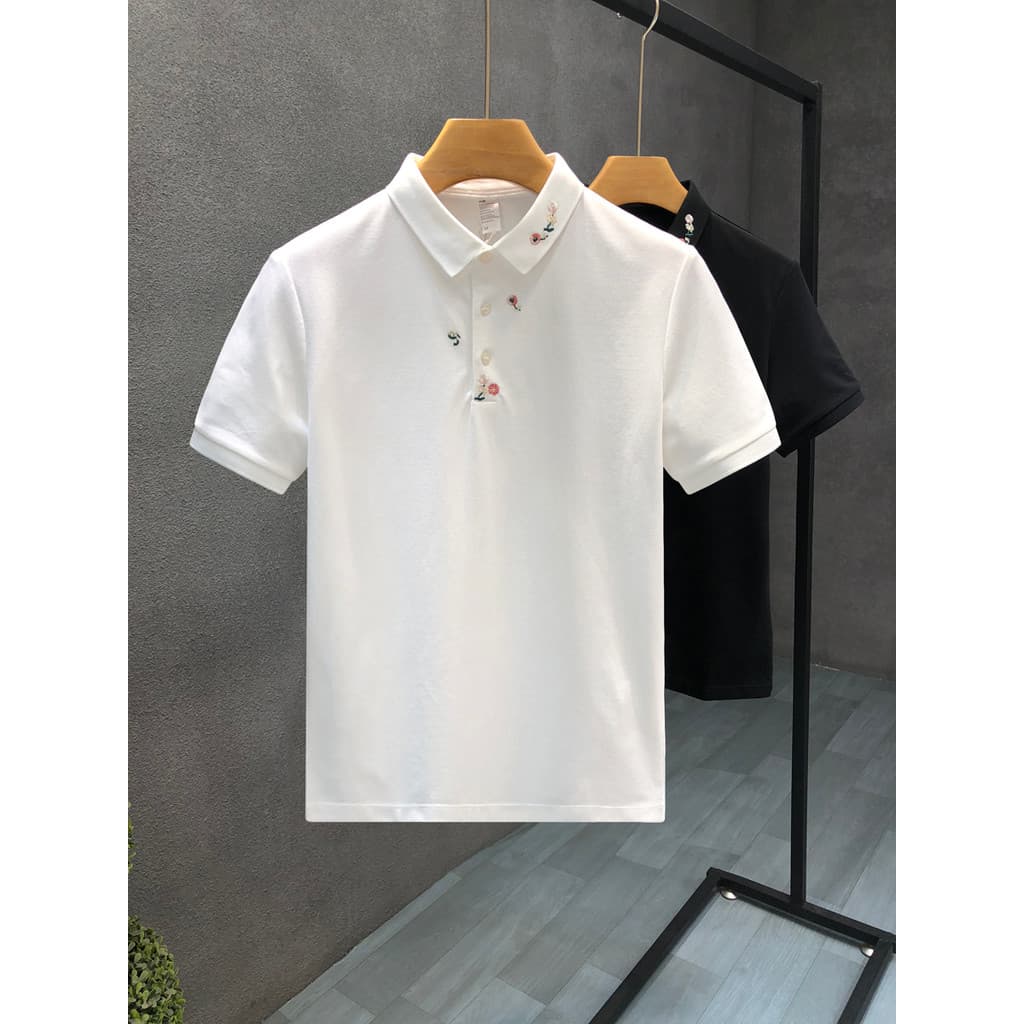 Popular bordado branco de manga curta camisa polo masculina Street Wear rufião bonito lapela camiseta 2026 verão novo es