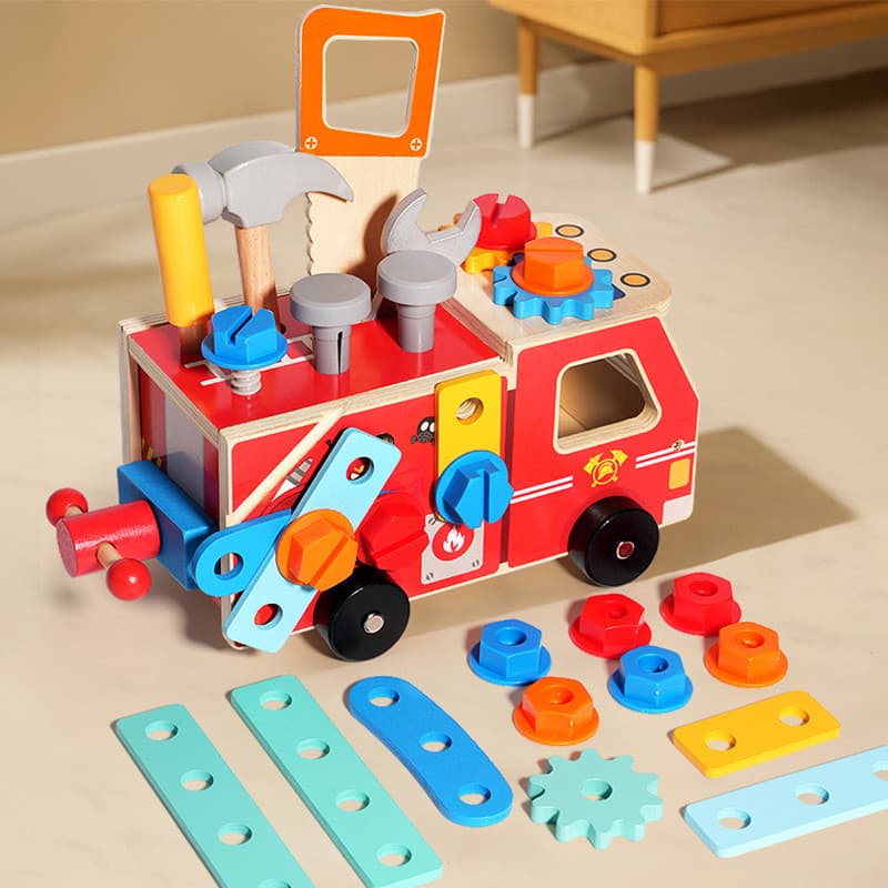 Conjunto De Construção Educacional Infantil De Brinquedo De Caminhão De Bombeiros De Madeira Para Meninos