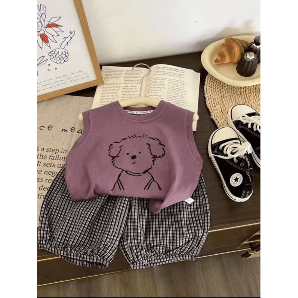 Crianças verão colete conjunto 2025 novo estilo menino dos desenhos animados filhote de cachorro colete moda verificado