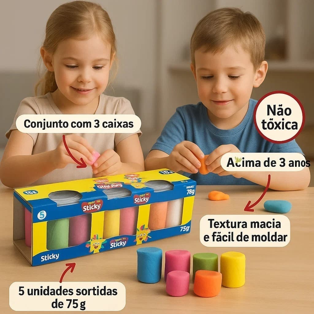 Kit massinha infantil colorida 75 g 3 potes 5 unidades