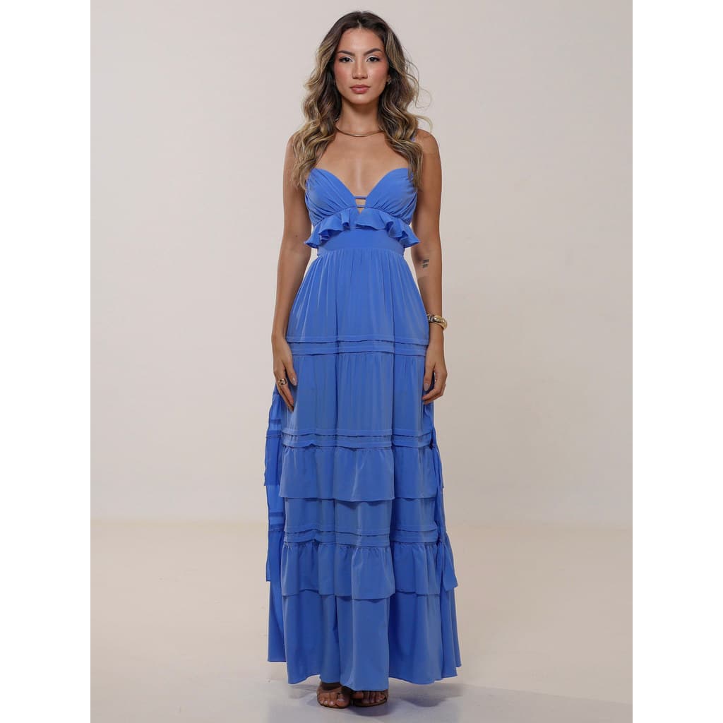 Vestido Feminino Longo Decote V Profundo e Babados Fluido. Vestido de Festa Casual em Crepe Salinas