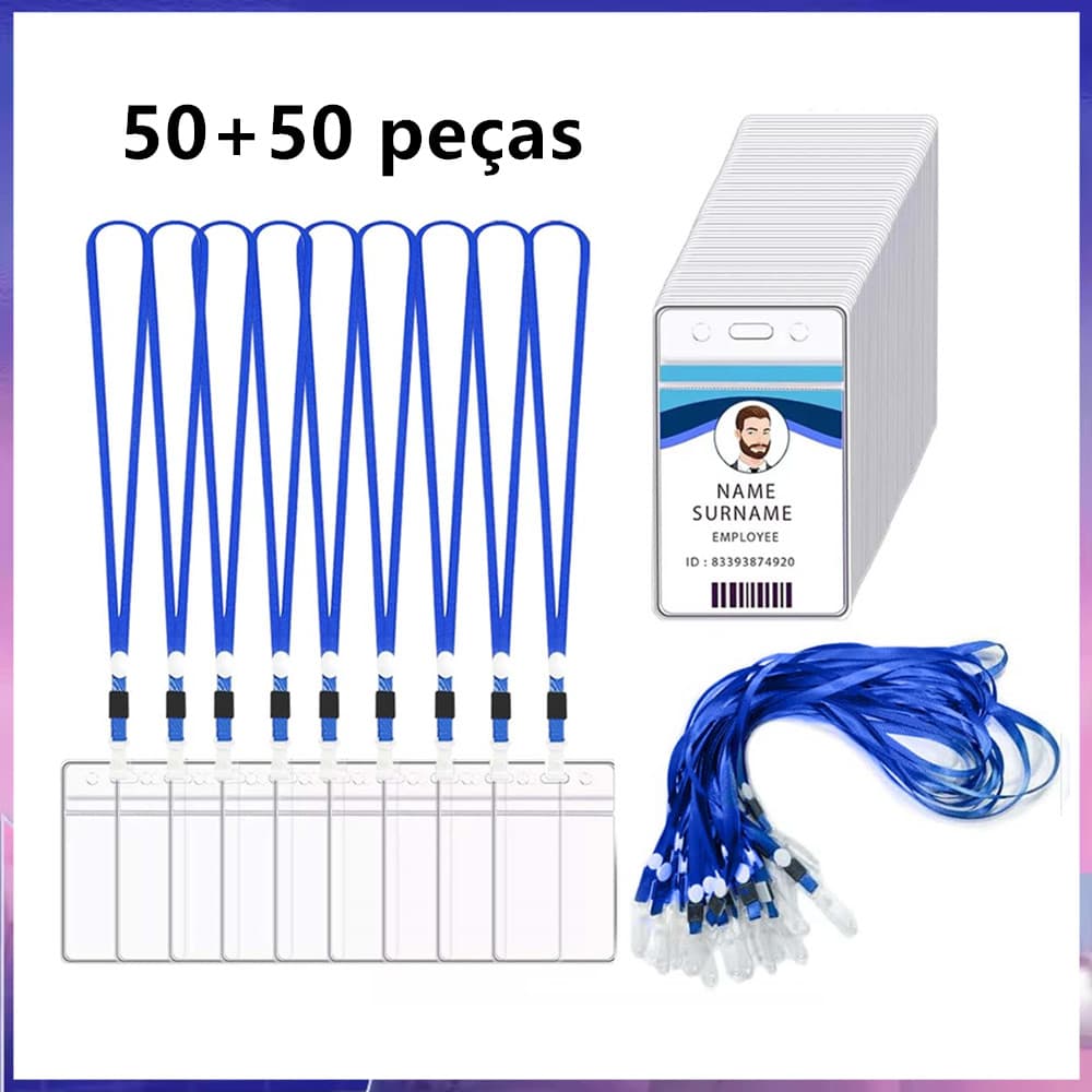 Cordão de pescoço azul de 50 peças + Kit de cartão de identificação, clipe de crachá Vertical à prova d'água