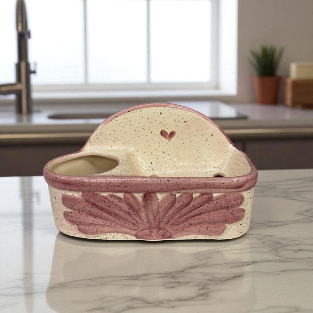 Porta Detergente Sabão Rosa Coração Em Cerâmica Pintado Á Mão