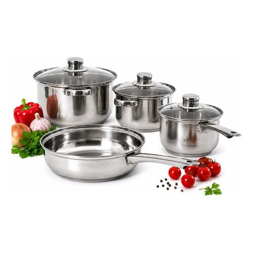 Jogo De Panelas Aço Inox Conjunto 7 Peças Com Tampa De Vidro