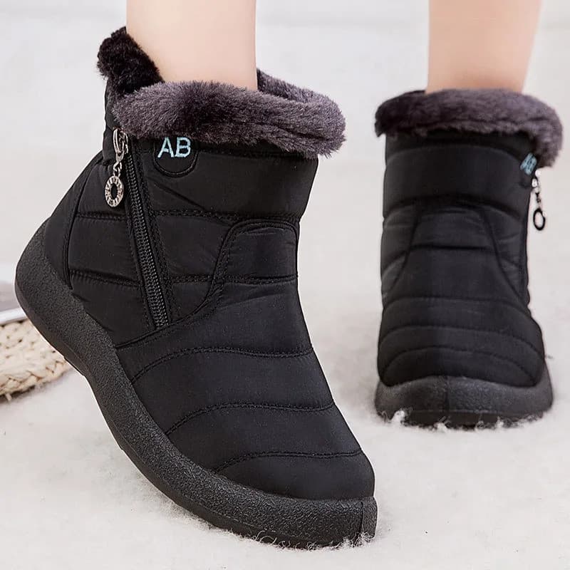 Botas curtas femininas, forradas com pelúcia, calçado de inverno impermeável, salto baixo confortável, adequadas para us
