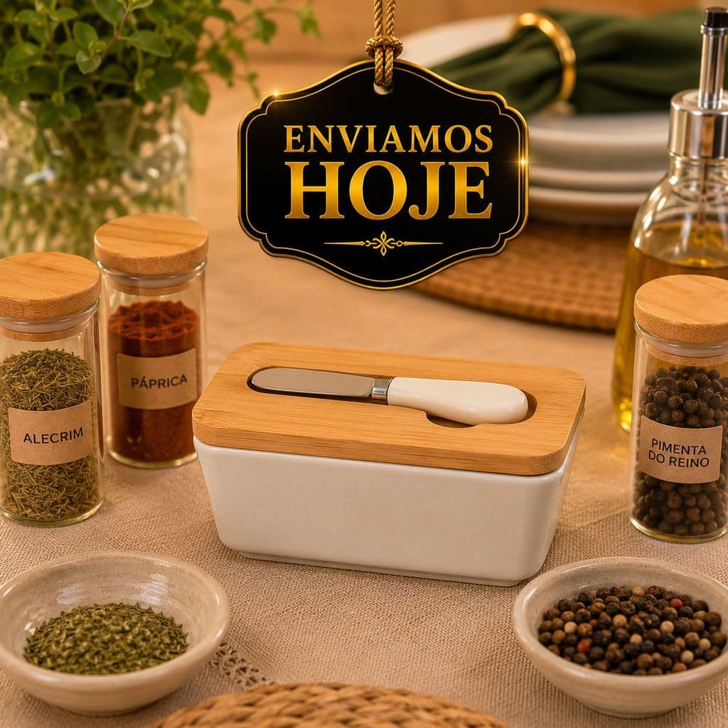 MANTEIGUEIRA DE PORCELANA COM ESPATULA + TAMPA DE BAMBU CASUAL HAUSKRAFT 400ML 15X8,5X7CM